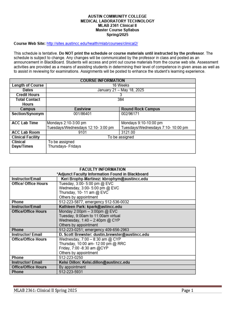 MLAB 2361 Clinical II Syllabus 2025 | PDF | Laboratories | Academic ...