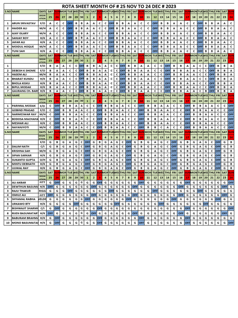 Employee Rota Schedule Nov-Dec 2023 | PDF