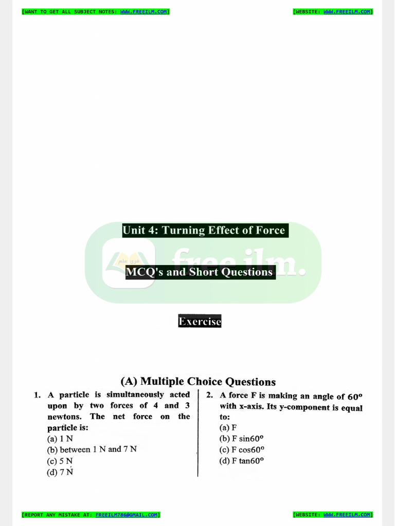 9th Phy New Ch4 MCQs and SQ | PDF