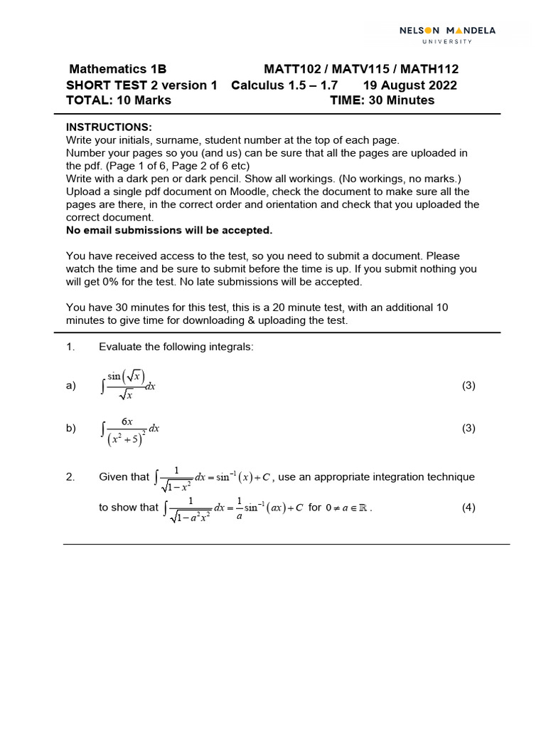 Calculus Short Test 2 Instructions | PDF