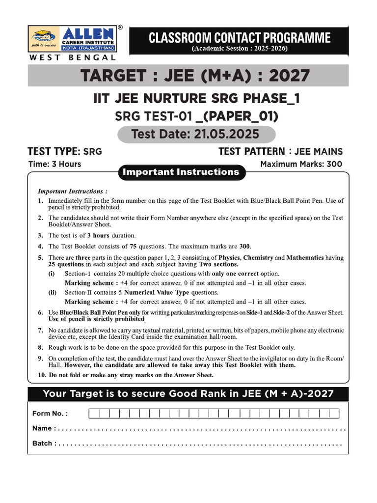Allen SRG Test Paper for JEE 2025 | PDF | Numbers | Mathematical Analysis
