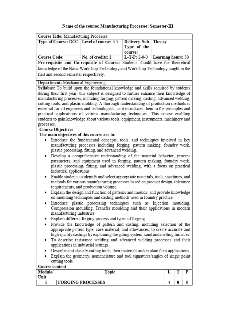 DCC Manufacturing Processes Syllabus | PDF | Heat | Steam