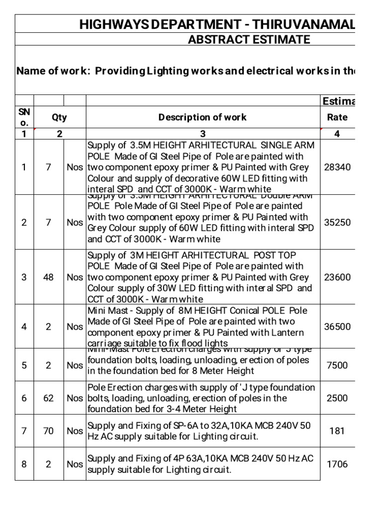 Thiruvanamala Highway Lighting Estimate | PDF | Electrical Wiring ...