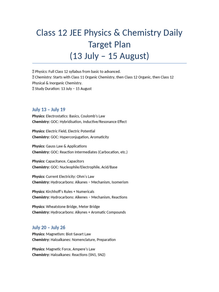Class 12 JEE Daily Target Plan July13 To Aug15 | PDF | Chemical ...