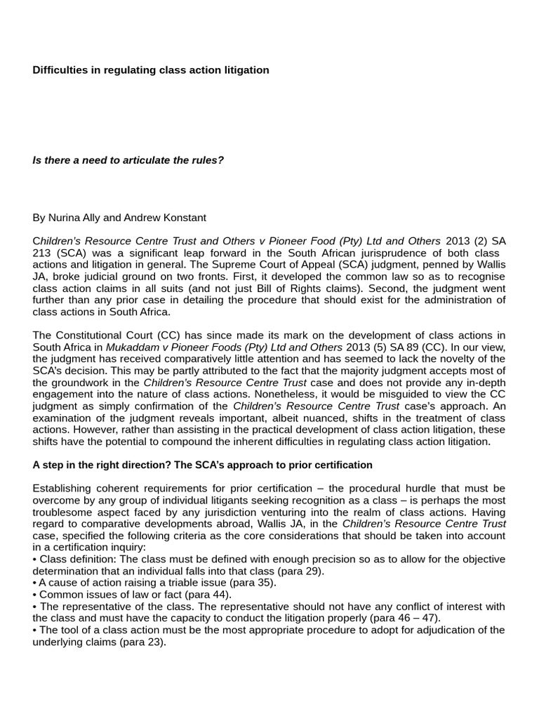 Difficulties in Regulating Class Action Litigation | PDF | Class Action ...