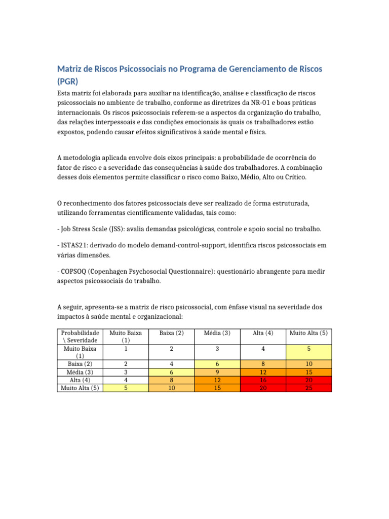Matriz de Riscos Psicossociais no PGR | PDF