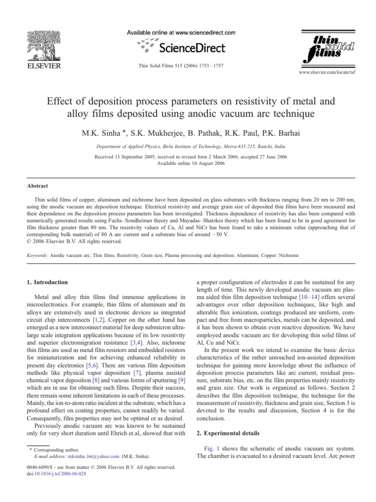 My Paper in TSF 515 (2006) | PDF | Thin Film | Electrical Resistivity ...