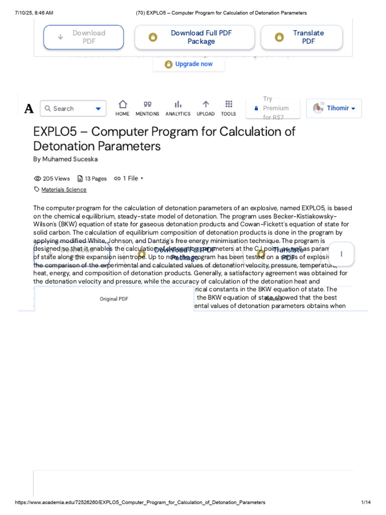 EXPLO5 - Computer Program For Calculation of Detonation Parameters ...