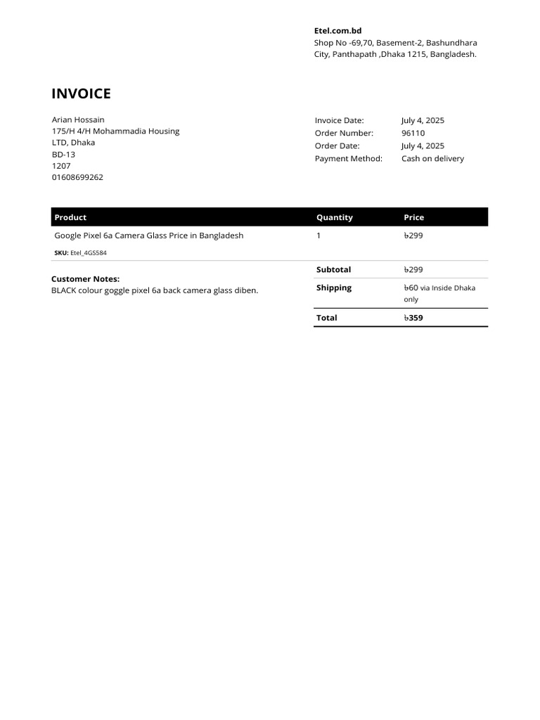 Google Pixel 6a Camera Glass Invoice | PDF
