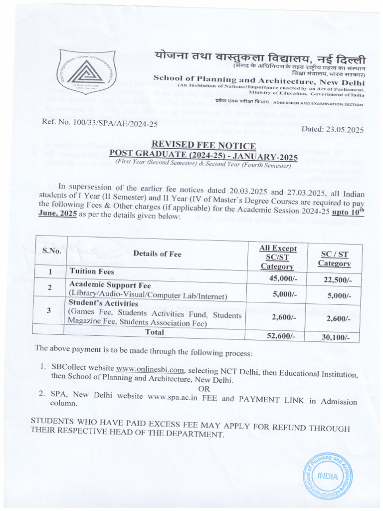 Fee Notice PG | PDF