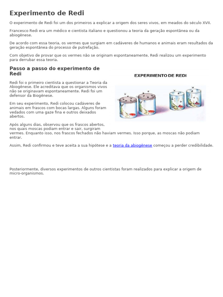 Experimento de Redi e Biogênese | PDF