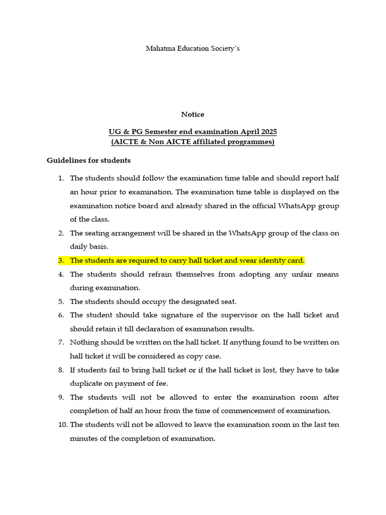 April 2025 Exam Guidelines for Students | PDF