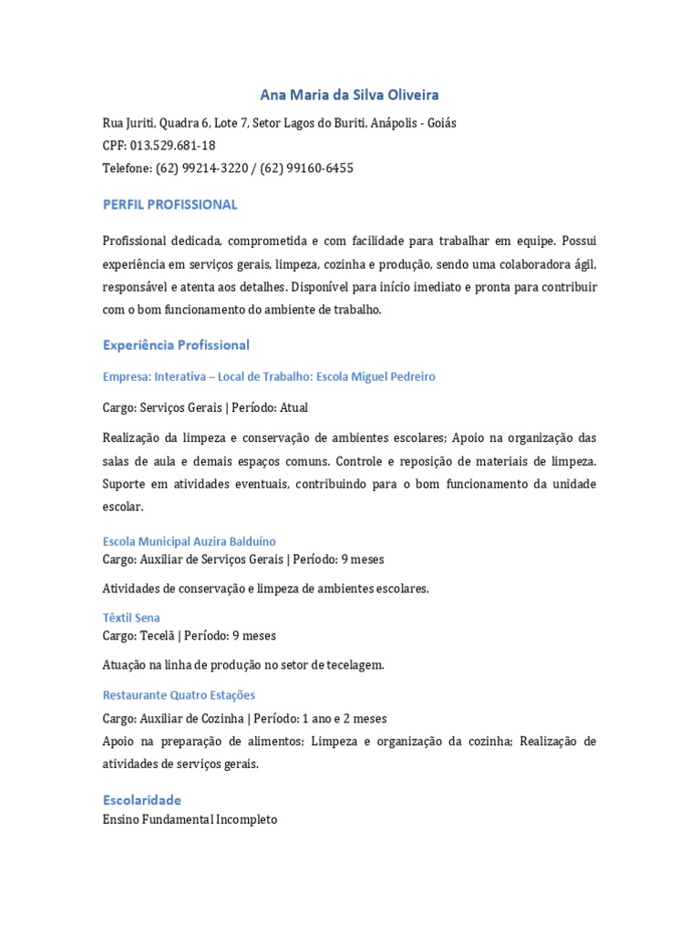 Perfil Profissional de Ana Maria | PDF
