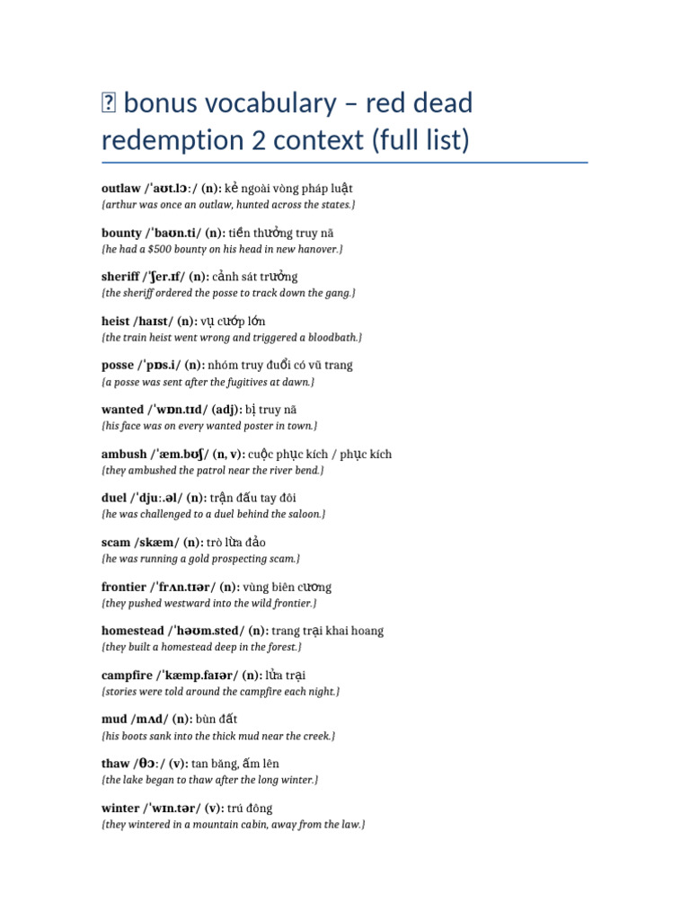 Red Dead Redemption 2 Vocabulary Guide | PDF