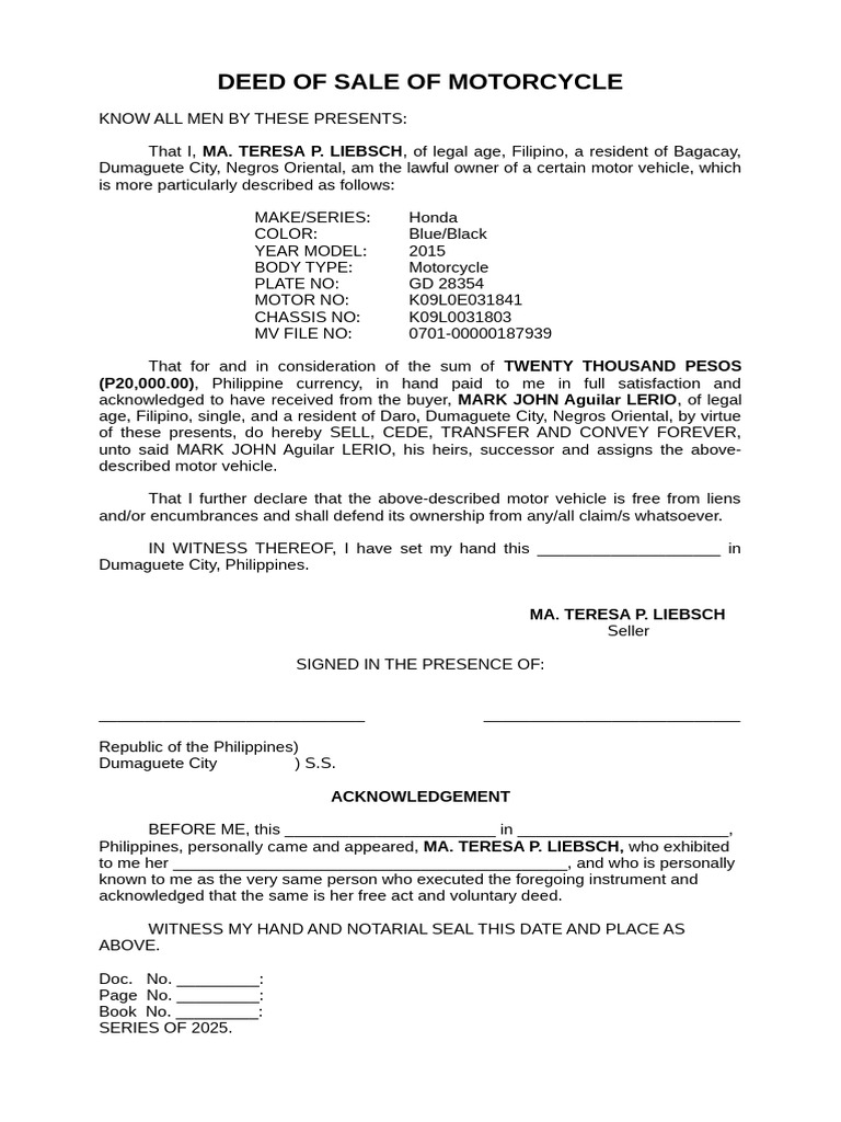 Deed of Sale of Motorcycle | PDF