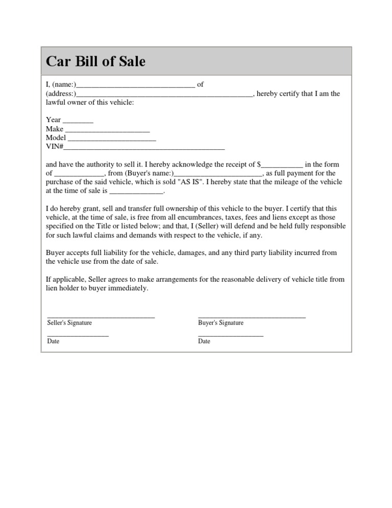 Car Bill of Sale | PDF for Free Printable Automobile Bill Of Sale Form