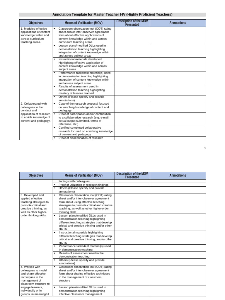 Master Teacher I-IV Annotation Template | PDF | Learning | Lesson Plan