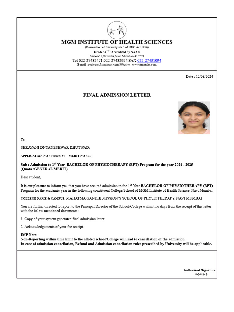MGM I Stitute of Health Scie CES: FI Al Admissio Letter | PDF