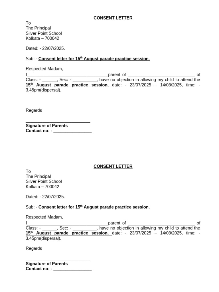 Consent Letter for Parade Practice | PDF