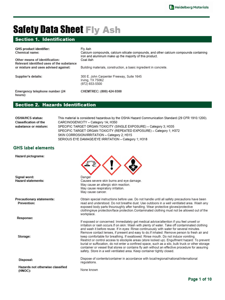 Fly Ash Safety Data Sheet Overview | PDF | Personal Protective ...