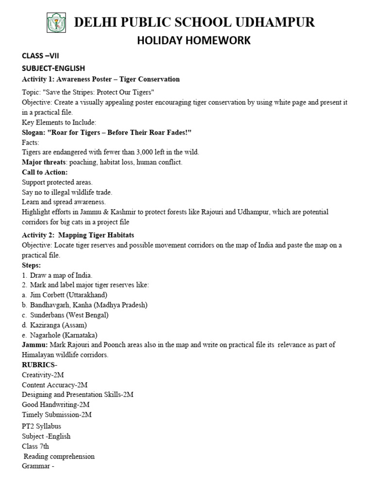 Class 7 Holiday Homework Activities | PDF | Tiger | Shape