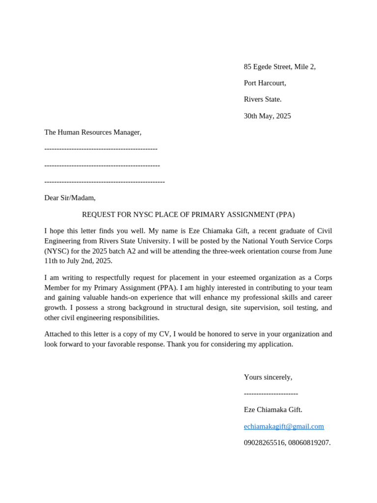 NYSC PPA Request Letter for Placement | PDF