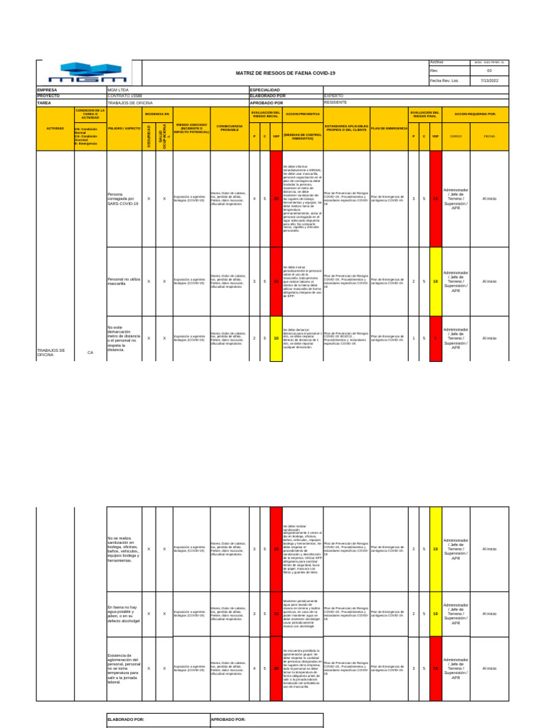 Matriz de Riesgos COVID-19 en Faena | PDF