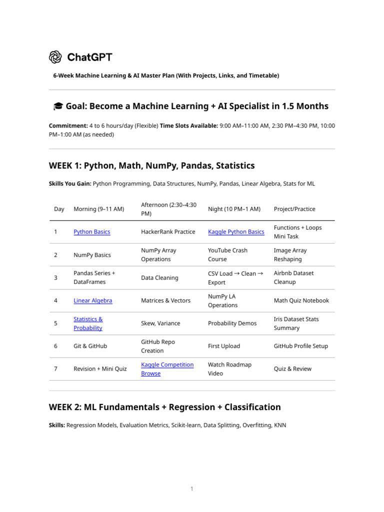 6-Week Machine Learning Study Plan | PDF | Support Vector Machine ...