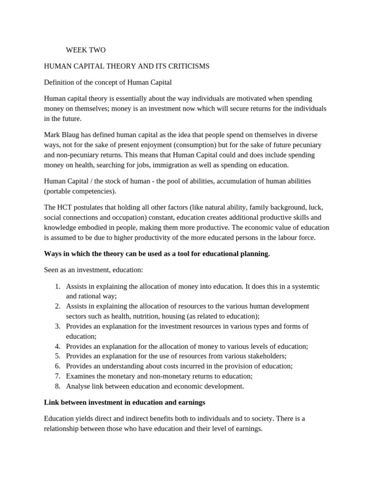Week Two Human Capital Theory Text and Theory Description | PDF | Human ...