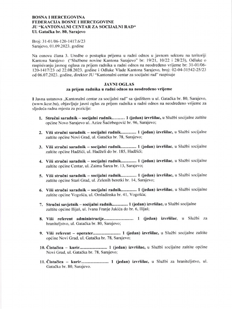 Javni Oglas Za Prijem Radnika U Radni Odnos Na Neodređeno Vrijeme | PDF