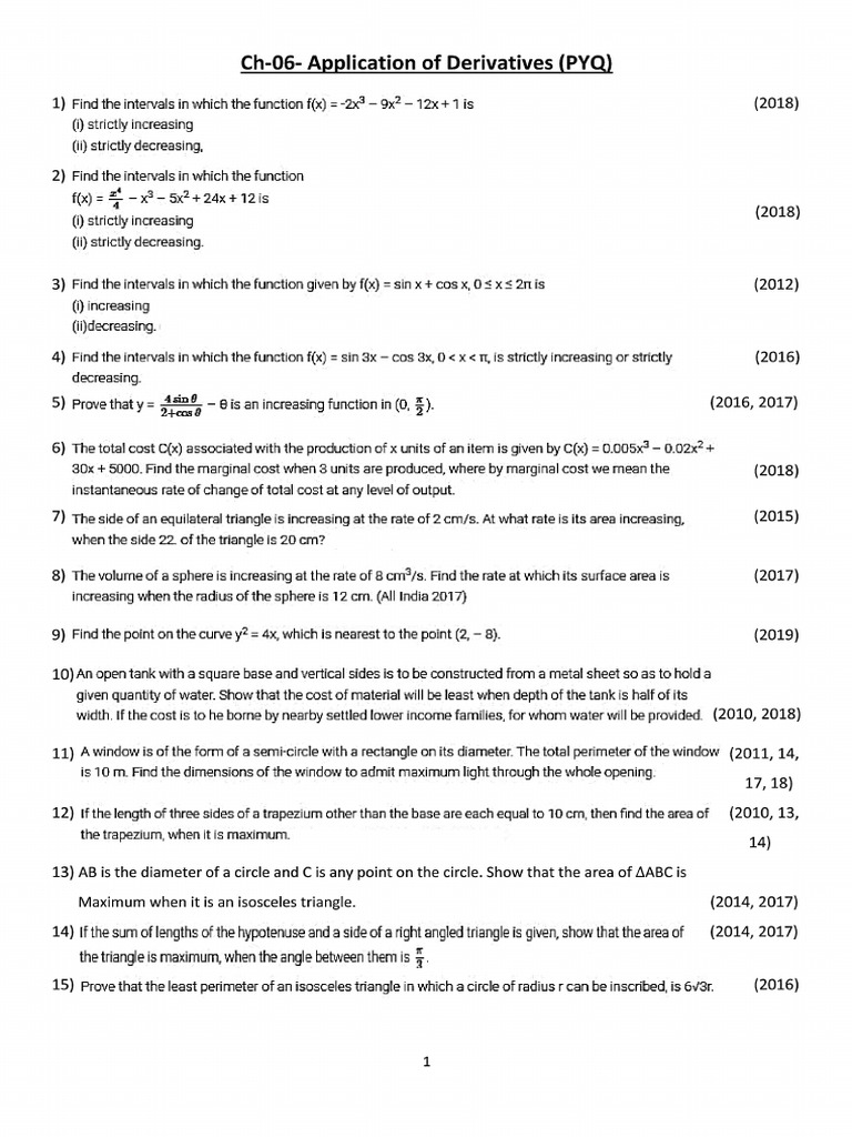 Ch06 - Application of Derivatives PYQ | PDF