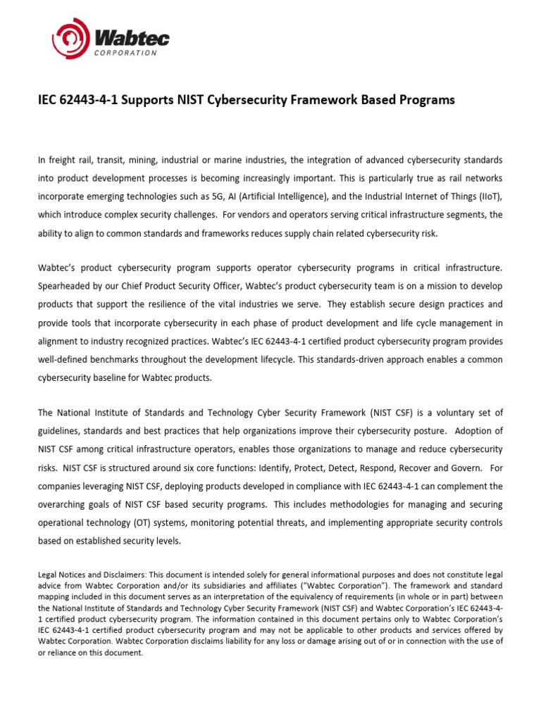 White Paper - IEC 62443-4-1 Supports NIST Cybersecurity Framework Based ...