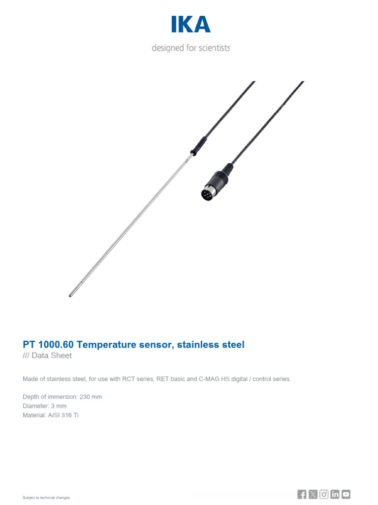 PT1000.60 Stainless Steel Sensor Data | PDF