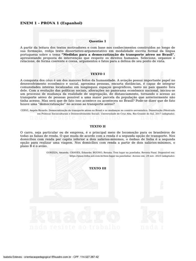 Enem - Prova 1 (Espanhol) | PDF | Custo de vida | Internet