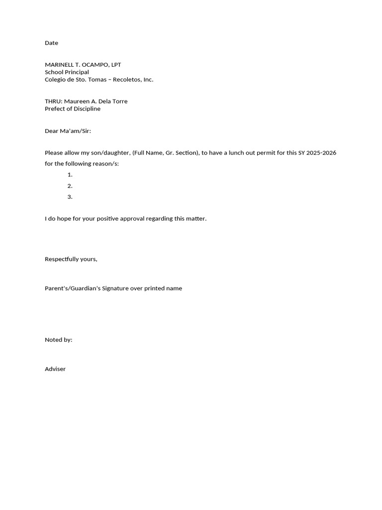 Student Lunch Out Permit Request | PDF