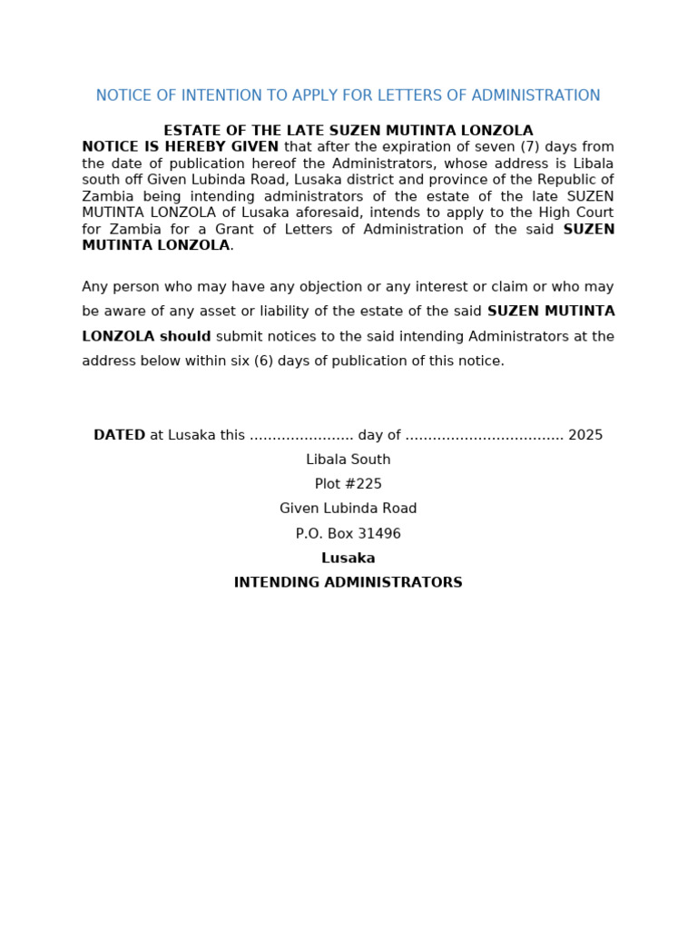 Notice for Letters of Administration: Suzen Lonzola | PDF