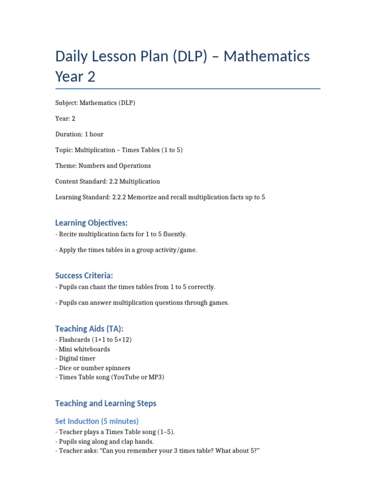 Year 2 Math: Times Tables Lesson Plan | PDF