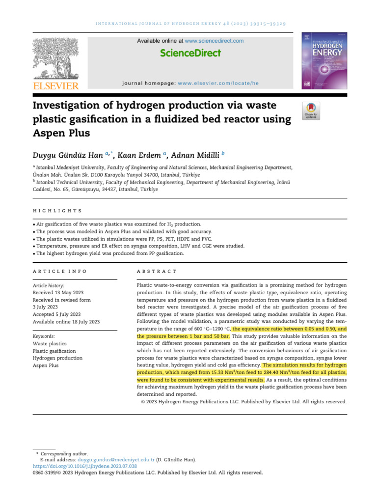 Hydrogen Production from Waste Plastics Gasiﬁcation | PDF ...
