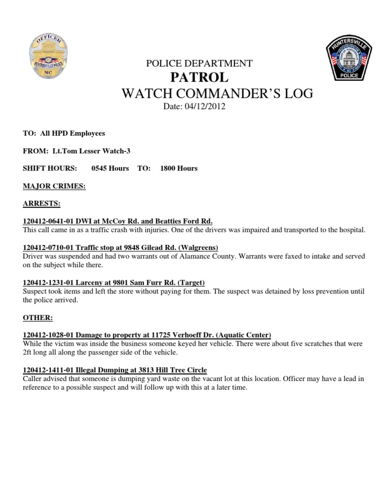 Patrol Watch Commander’s Log 04/12/2012 | PDF