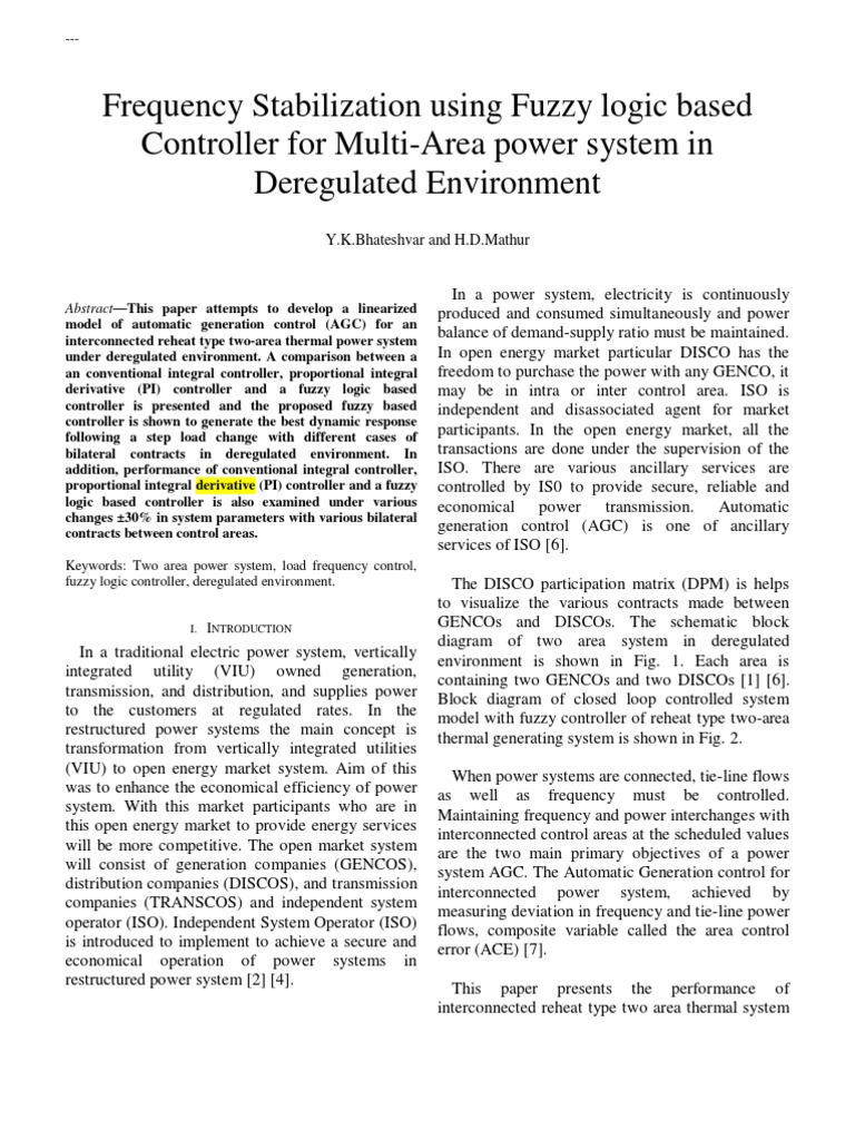 Frequency Stabilization Using Fuzzy Logic Based Controller | PDF