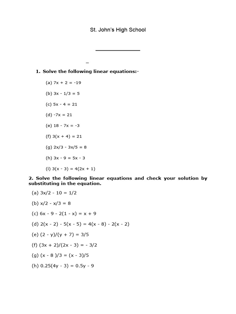 Class 8 Linear Equations Practice | PDF
