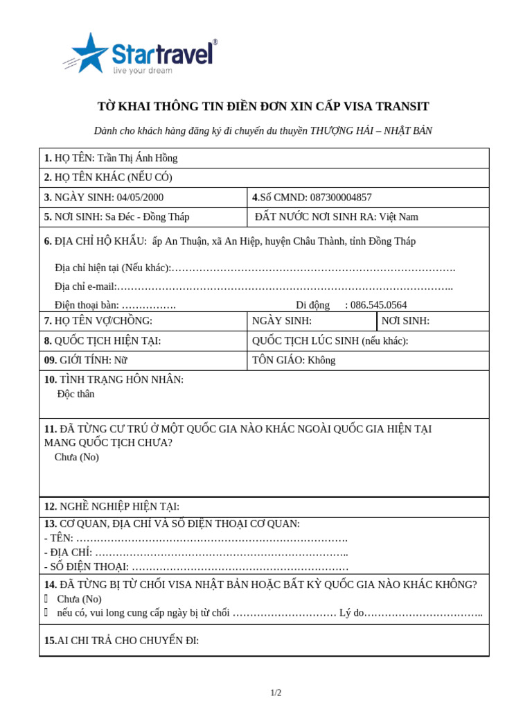 To Khai Thong Tin Visa Transit Chuyen Thuong Hai - Nhat - HQ | PDF