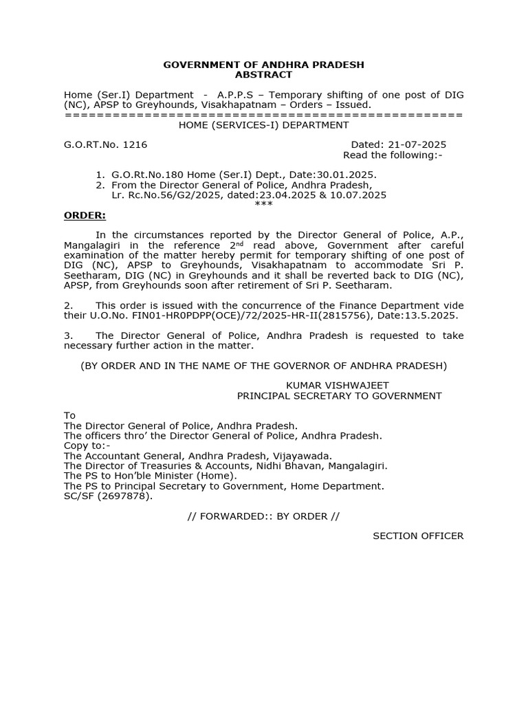 Temporary DIG Post Shift in Andhra Pradesh | PDF
