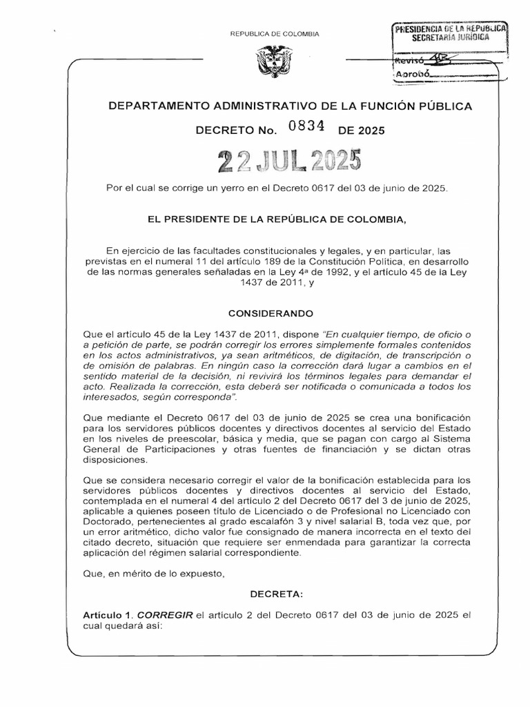 Corrección del Decreto 0617 de 2025 | PDF