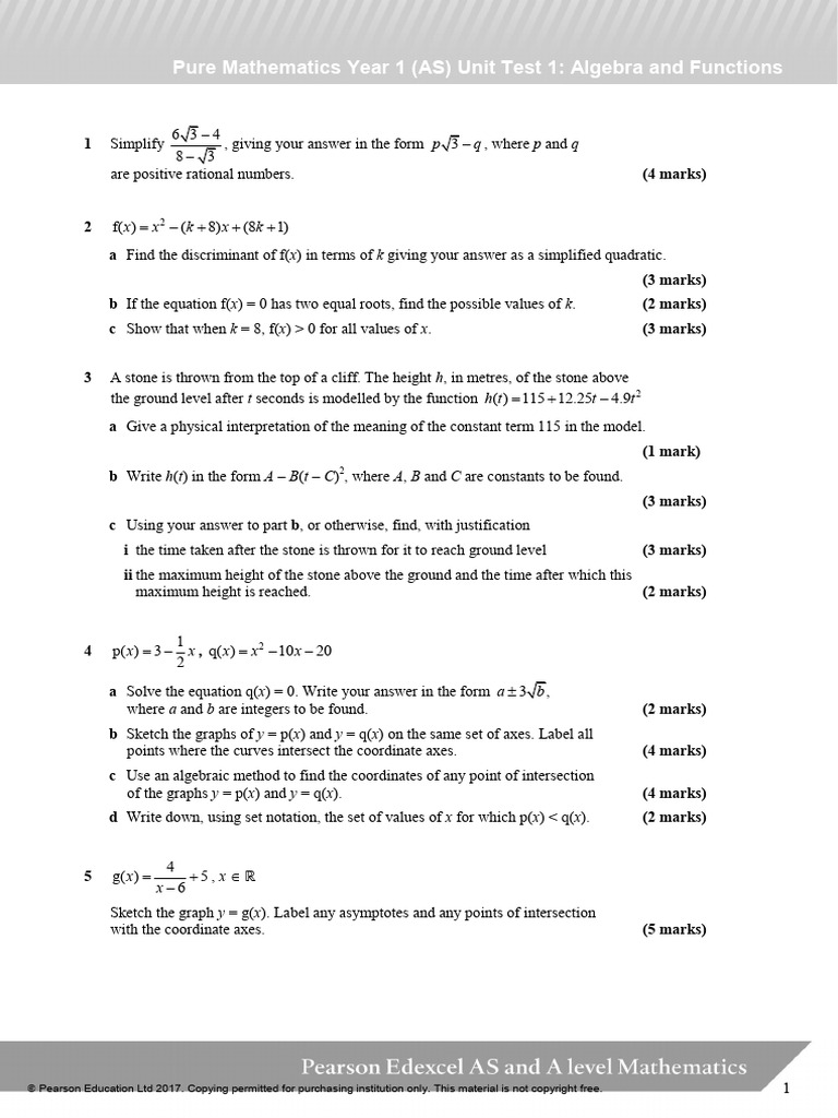 Algebra and Functions Unit Test Mark Scheme | PDF | Equations ...