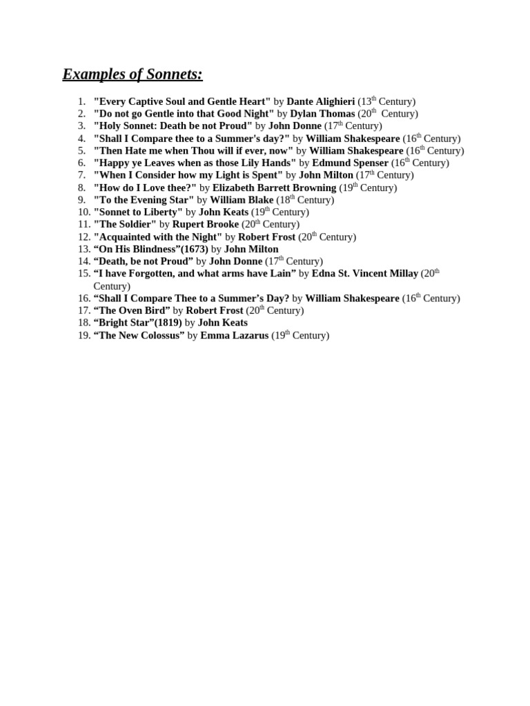 Notable Examples of Sonnet Poems | PDF
