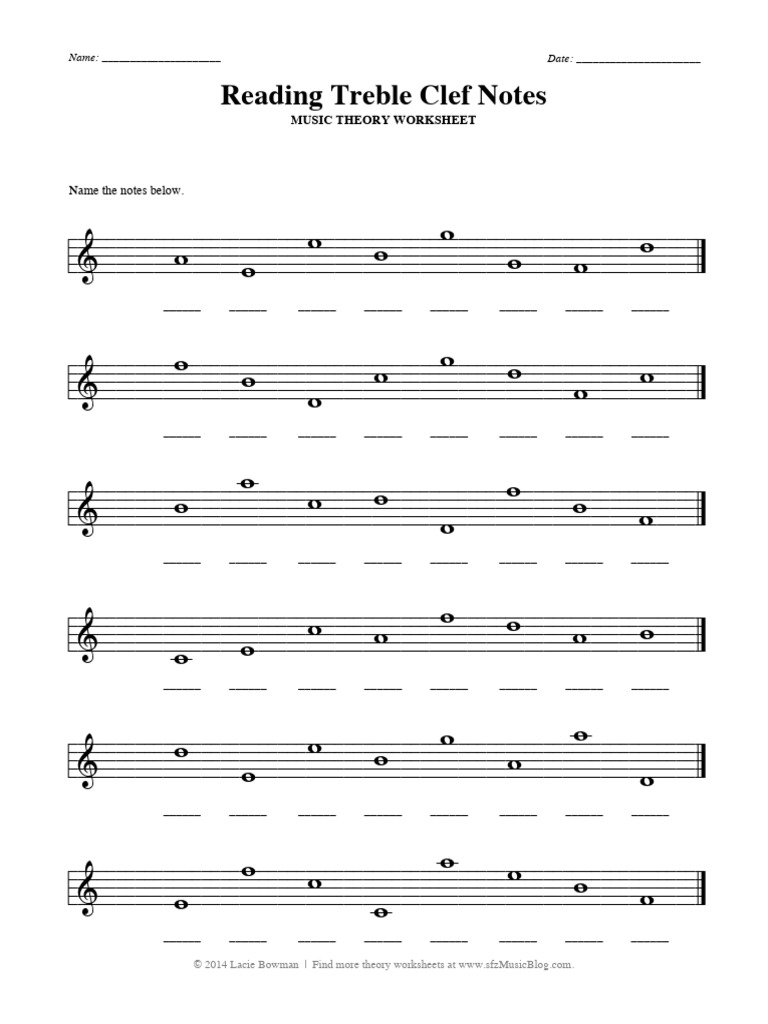 Treble Clef Notes Worksheet | PDF