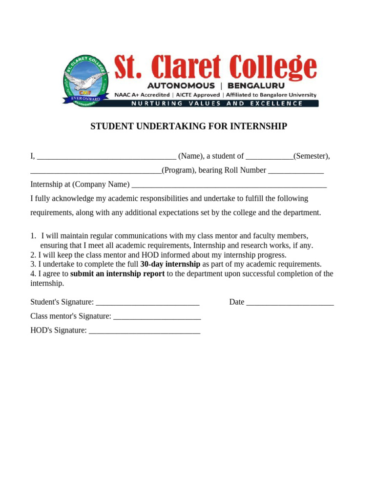 Internship Student Undertaking Form | PDF
