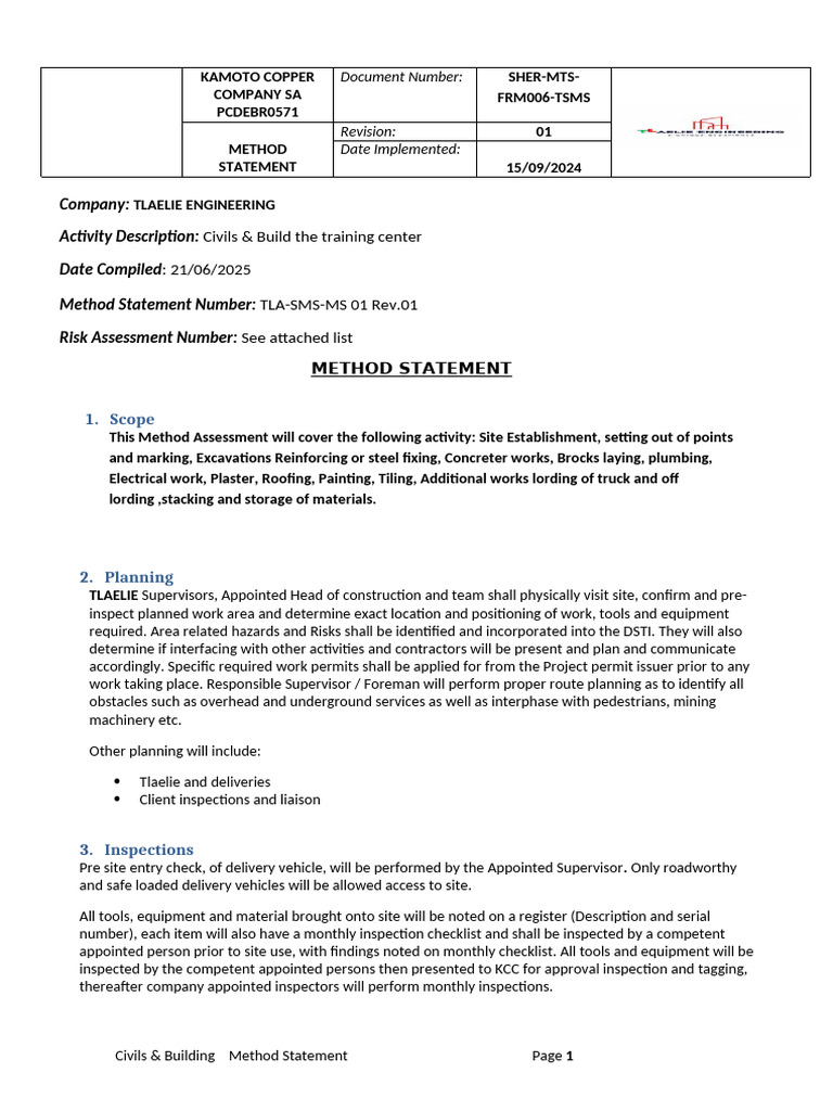 Method Statement - CIVILS and BUILDING Baby 001 | PDF | Pipe (Fluid ...