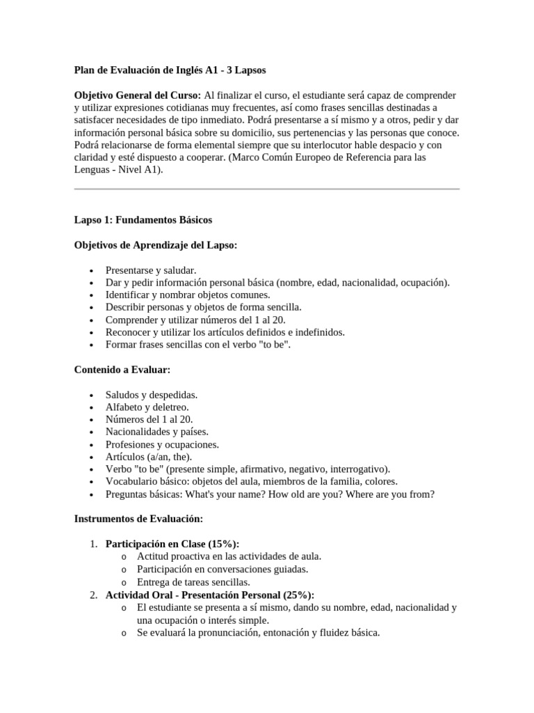 Plan de Evaluación Inglés A1: 3 Lapsos | PDF | Aprendizaje | Lingüística